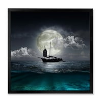 Jezero tijekom punog mjeseca s ribarskom brodom uokvireno fotografiranje platno umjetnički tisak