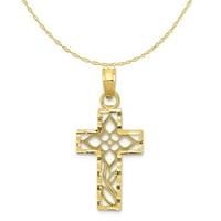 Karat 10K dijamantno izrezano žuto zlato filigranski križni šarm privjesak s laganom ogrlicom od užeta od žutog