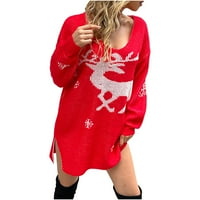 Ženska Božićna pletena haljina s džemperom s izrezom i printom u obliku slova u, džemperi s dugim rukavima s prorezom,