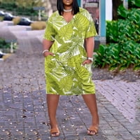 Zelena Ženska Plus-size ljetna ležerna haljina s izrezom u obliku slova U i kratkim rukavima s džepom do koljena