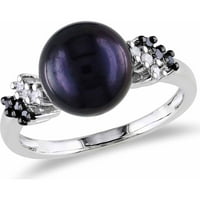 Koktel prsten od sterling srebra s crnim okruglim kultiviranim slatkovodnim biserima i crno-bijelim dijamantom