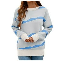 Jesensko-zimski pulover za žene, Pleteni široki gornji dio s printom, prugasti džemper s okruglim vratom u boji,