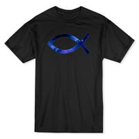 Ichthys Isus ribe preko prsa plavog svemirskog stila grafički muškarci crna majica, muški medij