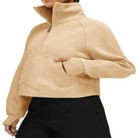Ženski pulover s patentnim zatvaračem u proljetnoj nijansi, ošišana majica s dugim rukavima s visokim vratom,