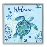 Stupell Industries Welcome Sign Sign Morska kornjača Swimning Ocean Life Grafička umjetnost siva uokvirena umjetnička