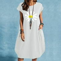 Ljetne haljine za žene iznad temperamenta koljena tiskana kratka rukava A-line okrugla dekolte haljina bijela