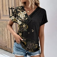Ženski ljetni vrhovi s izrezom i kratkim rukavima, ležerna majica s printom, bluza u crnoj boji