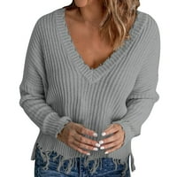 Džemperi za žene, široki ležerni pulover s izrezom u obliku slova a, donji dio s resama, jednobojni pleteni džemper,