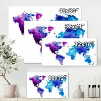 DesignArt 'Plava i Purple Map of the World' Modern Canvas Wall Art Print