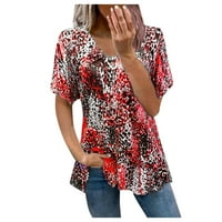 Voncos Womens majice-proljeće i ljetni kratki rukaviｖ Neck Zipper Leopard Hollow Out majica bluza bluza Crvena