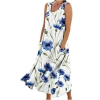 Ženske ljetne maksi haljine, Ležerne boemske sarafane na plaži bez rukava do poda s cvjetnim printom i džepovima