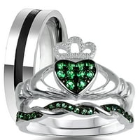 Njegov i njezin Keltski zaručnički prsten Set za vjenčanje od imitacije smaragda srebrni i crni čelik 316 mm za