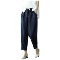 Ženske lanene hlače visokog struka hlače širokih nogavica casual široke hlače s džepovima u tamnoplavoj boji;