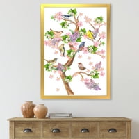 Drvo sa šarenim pticama koje sjede na cvjetnim granama uokvirenim slikanjem platna umjetnički tisak