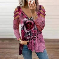 Cvjetni rukav cvjetni peplum leisure vrhovi s V-izrezom za žene vruće ružičaste 5xl