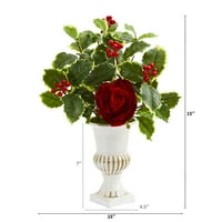 Gotovo prirodnih 15 inča. Umjetni sastav ruža i lišća božikovine u bijeloj vazi