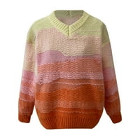 Ženski pleteni džemper s izrezom u obliku slova U i dugim rukavima u gradijentnom bloku boja, široki pulover,