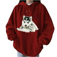 Ženska zimska moda Slatki pseći tisak Top opuštena kapuljača s dugim rukavima Bluza crvena xxl