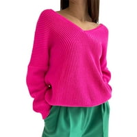 Džemper za djevojčice jesen / zima jednobojni pleteni ležerni džemper s izrezom u obliku slova U i dugim rukavima