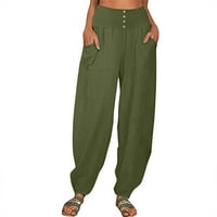 Ženske pamučne i lanene hlače s elastičnim strukom i gumbima široke hlače Ležerne široke dnevne hlače s džepovima