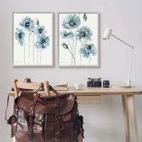 Stupell plavi makovi, cvjetajuće vrtno cvijeće, botanička i cvjetna slika, zidni tisak u sivom okviru, set od