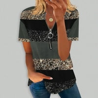 Yyeselk Aztec majice za žene Zipper v-izrez nepravilna geometrijska retro zapadnjačka tiskana majica casual kratkih