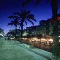 Šetalište obrubljeno palmama s ljudima koji večeraju u restoranima u sumrak ispis plakata