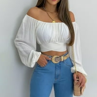 Šifon Top ženska slatka s ramena dugih rukava Crop Top s čvorom, bluza u bijeloj boji 2 inča )