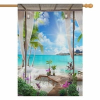 Ljetni morski pejzaž, palme, sunčano cvijeće i prozirne zavjese, kućna Zastava, Kućni natpis, ukrasna dvorišna
