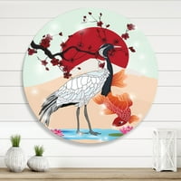 DesignArt 'Koi riba s dizalicama ptica' Farmhouse Circle Metal Wall Art - Disk od 23