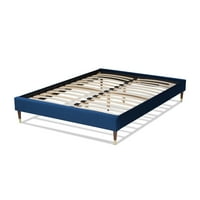 Okvir kreveta u A-listi presvučen tamnoplavom baršunastom tkaninom s kraljevskom drvenom platformom i zlatnim
